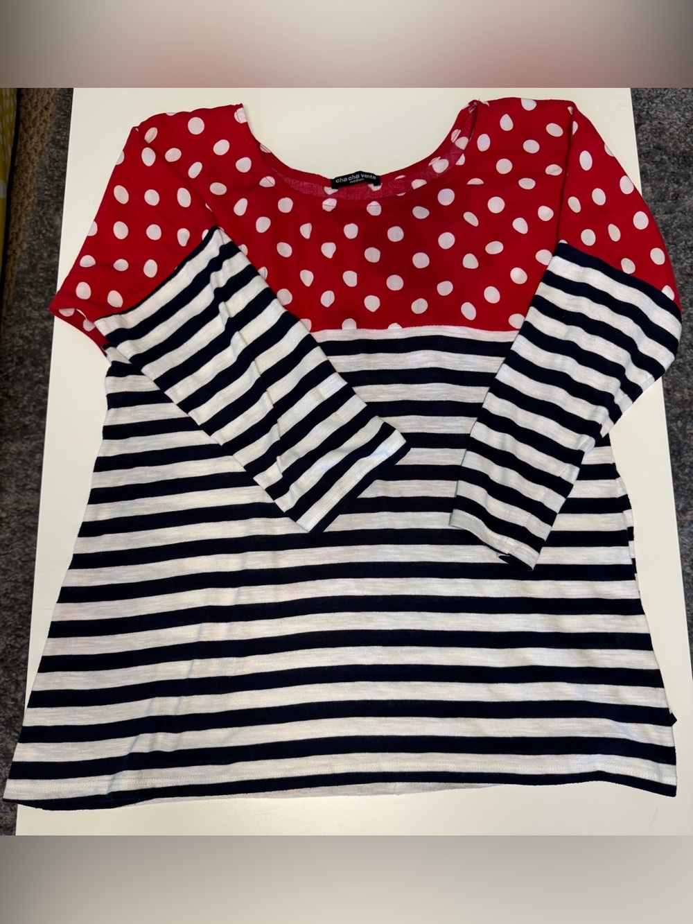 CHA CHA VENTE Polka Dot Striped Red White Blue Top Sz M